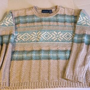 Liz Claiborne LizSport Fair Isle Knit Sweater Teal Beige Medium
